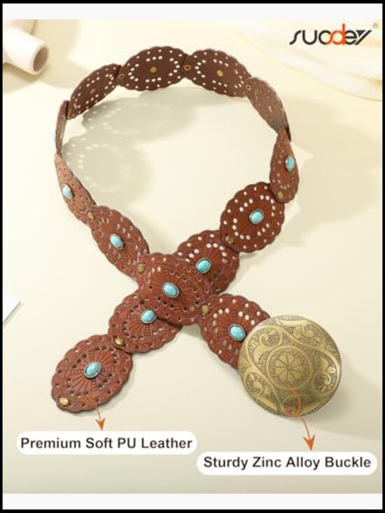 Western Disc Belt Turquoise Accent Boho Cowgirl Wide Leather Belt Hook Closure